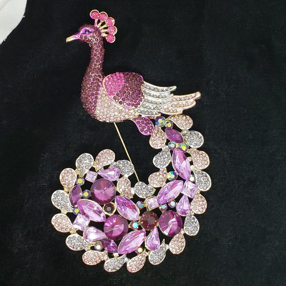 Purple Rhinestone Peacock Brooch NWOT